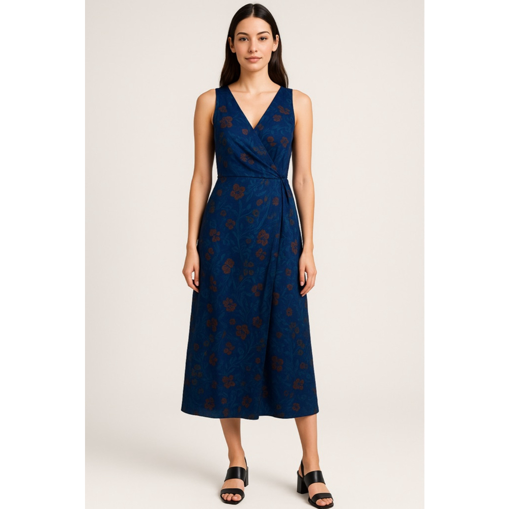 Halogen Blue Floral Faux Wrap Midi Dress Women’s Small Sleeveless V-Neck Coastal